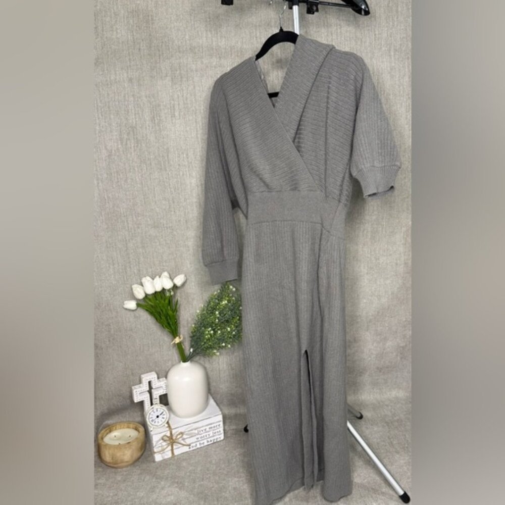Cider Ribbed Knit Wrap Midi Dress 1XL Gray Long Sleeve Slit NWT Cozy Chic